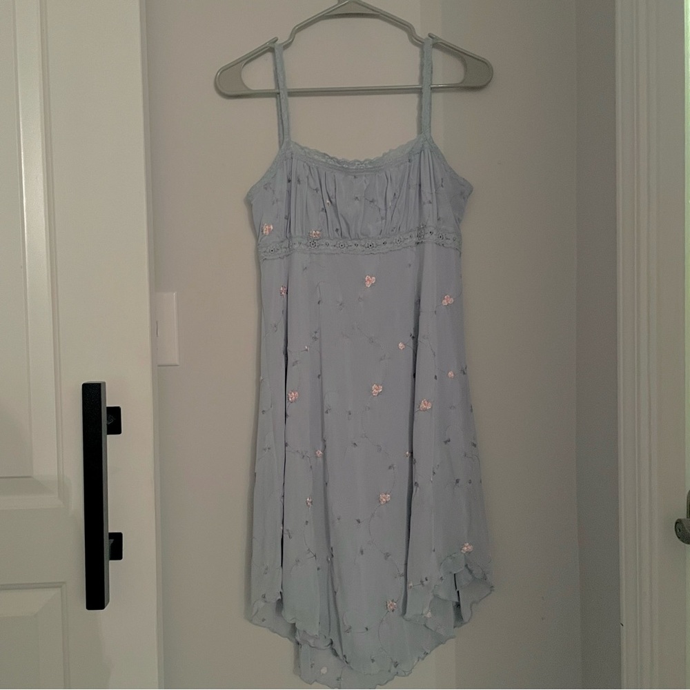 OU Nikita Embroidered Hanky Hem Mini Dress in Blue Large